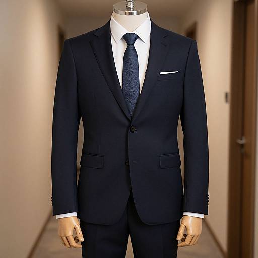 Photograph of a headless mannequin wearing a dark navy blue suit, white dress shirt, and black polka dot tie, in a brightly