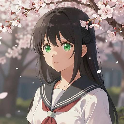 Anime-style digital drawing of a young girl with green eyes and long black hair, wearing a sailor school uniform, standing under cherry blossom branches in soft daylight