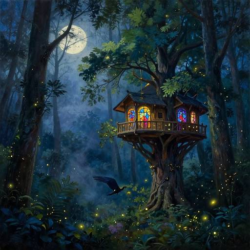 Whimsical digital painting of a fairy-tale treehouse with colorful stained glass windows, nestled in a moonlit, enchanted forest, surrounded by twink