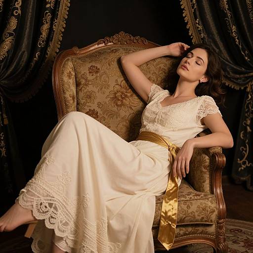 Photograph of a relaxed, dark-haired woman in a white lace dress and gold sash, reclining on ornate, brown floral armchair against