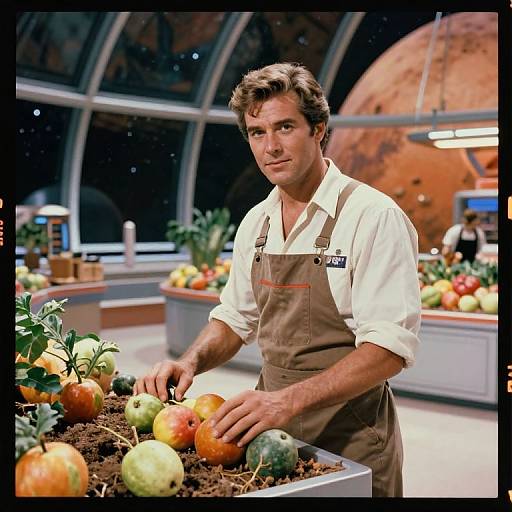 Photograph of a handsome, brown-haired man in a white shirt and brown apron, arranging colorful fruits in a futuristic, space-themed greenhouse with a