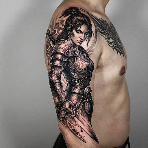 Photograph of a shirtless man showcasing a detailed black ink tattoo of a armored warrior woman holding a sword on his upper arm.