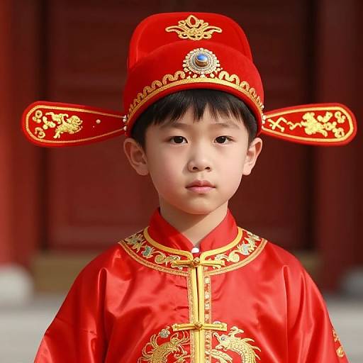 Asian Boy in Ornate Red Outfit