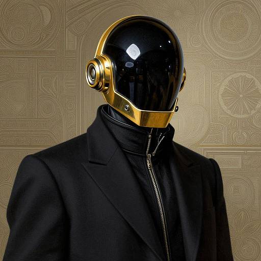 Photograph of a person wearing a black, reflective, gold-accented helmet with a black zip-up suit, set against a patterned beige background