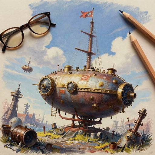 Steampunk airship with brass accents, Korean flag, surrounded by glasses, pencil, and scattered machinery under a bright blue sky. Digital illustration.