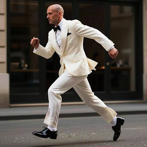 Photograph of a bald, muscular man in a white tuxedo, black bow tie, and black shoes, running on a city street.