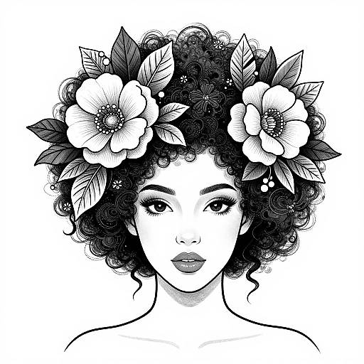 Black-and-white digital drawing of a beautiful woman with curly hair, adorned with large flowers and leaves in her hair.