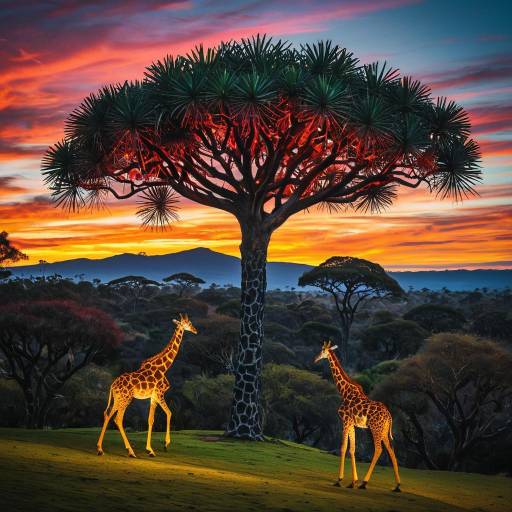 Mystical Dragon Blood Tree with Giraffes at Twilight