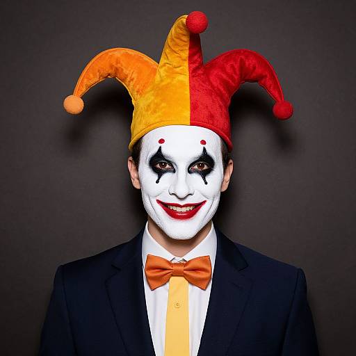 Photograph of a person in a white face mask with black eye makeup, red smile, wearing a red and yellow jester hat, black suit,