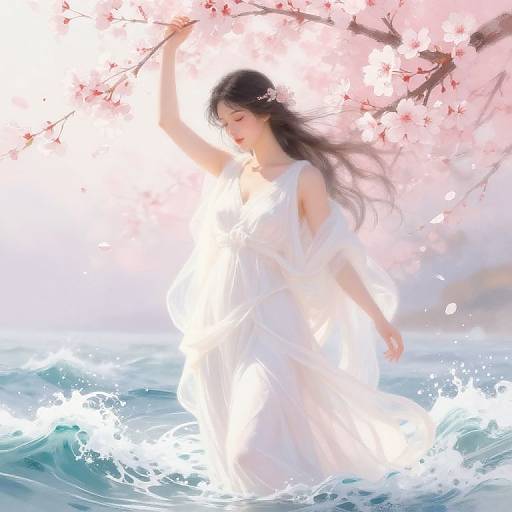 Digital painting of an ethereal Asian woman in a flowing white dress, standing in splashing ocean water beneath pink cherry blossoms.