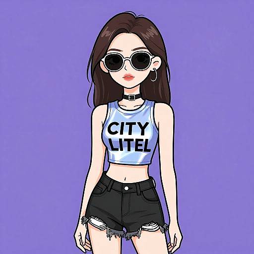 Digital drawing of a young woman with long brown hair, wearing black sunglasses, a white 