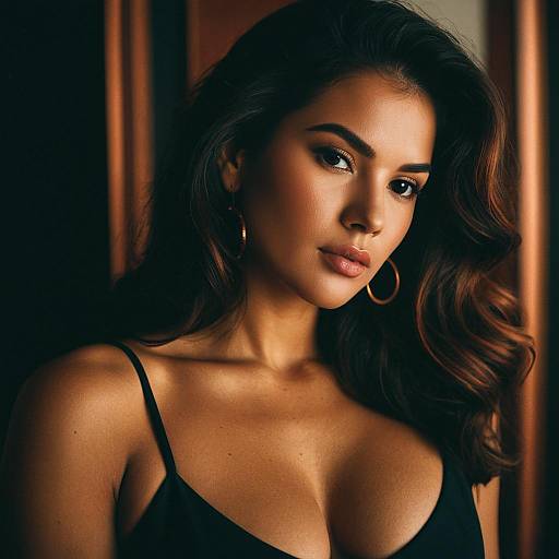 Photograph of a beautiful woman with long, wavy brown hair, dark skin, and hoop earrings, wearing a black spaghetti-strap top, against