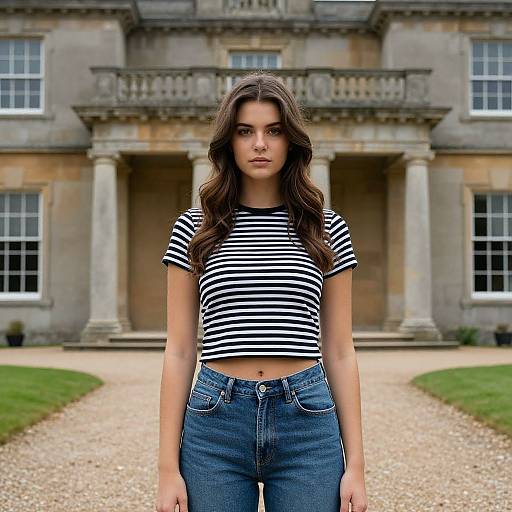 Photograph of a young woman with long brown hair, wearing a black-and-white striped crop top and blue jeans, standing in front of a grand,