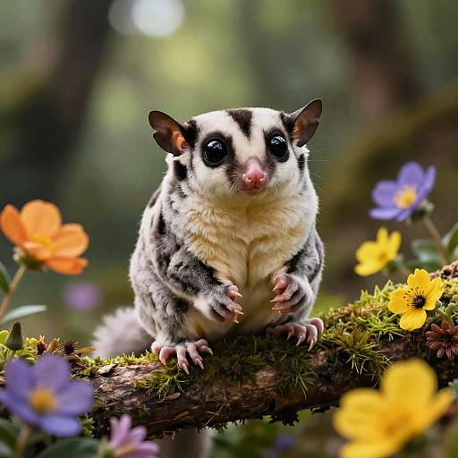 Photograph of a cute, black-and-white striped babbler with large black eyes, pink nose, and small claws, sitting on a mossy