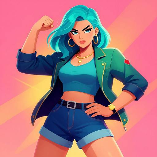 Digital illustration of a confident, teal-haired woman with blue eyes, wearing a green jacket, blue crop top, and denim shorts, striking a flexing