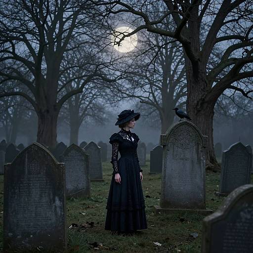 Photograph of a gothic-style woman in a black lace dress and hat, standing in a misty, moonlit graveyard with bare trees and old