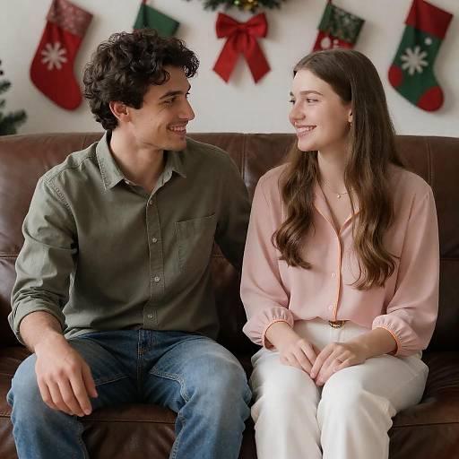 Cozy Christmas Moment on Leather Couch