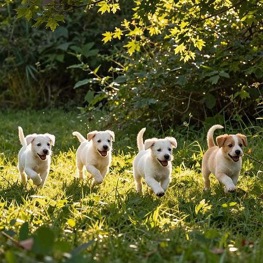 Photograph of four playful, white and light brown Labrador puppies running joyfully through sunlit grass, surrounded by lush greenery and yellow leaves.