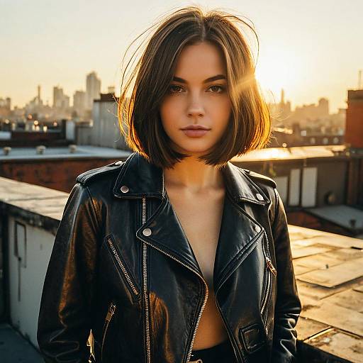 Young Woman with A-Line Bob Hairstyle on Urban Rooftop