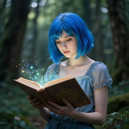 Photograph-like digital art of a fair-skinned woman with vibrant blue bob haircut, wearing a sheer blue dress, reading a glowing enchanted book in a