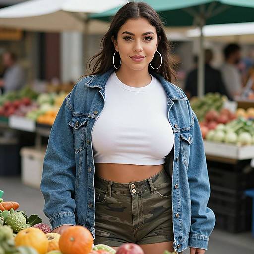 Photograph of a confident Latina woman with dark hair, wearing a white crop top, denim jacket, and camo shorts, standing in front of a