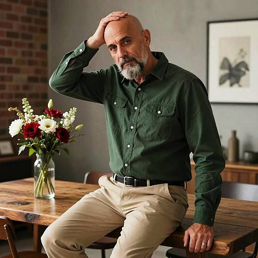 Photograph of an older white man with a bald head and gray beard, wearing a green shirt and beige pants, sitting on a wooden table, hand