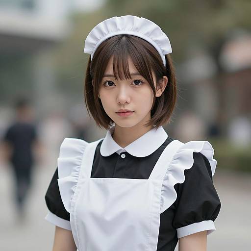 Photograph of an Asian young woman with short black hair, wearing a black and white French maid outfit, standing outdoors with a blurred city background.