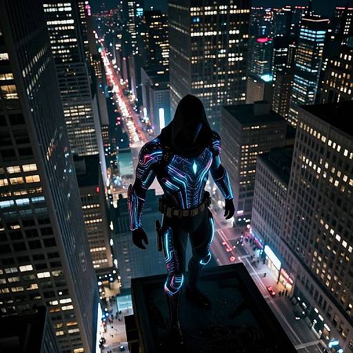 Photograph of a silhouetted superhero with neon blue and purple armor standing on a rooftop, overlooking a vibrant, illuminated cityscape with busy streets