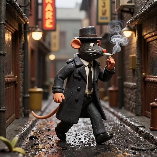 Photograph of a black anthropomorphic rat in a dark suit and top hat, smoking a cigarette, walking on a wet, narrow, rain-soaked