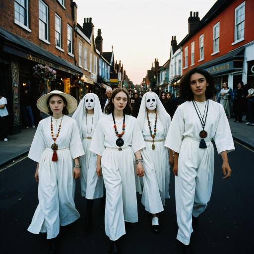 Women in White Costumes with Masks Walking on Street