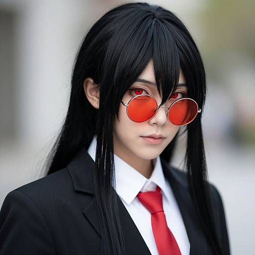 Photograph of an Asian woman with long black hair, red round sunglasses, black suit, white shirt, and red tie, standing outdoors.