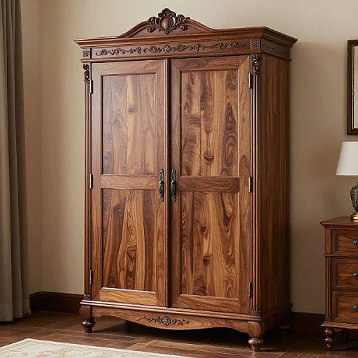 Photograph of an ornate, wooden wardrobe with carved details, rich brown grain, black metal handles, standing in a warmly lit room.