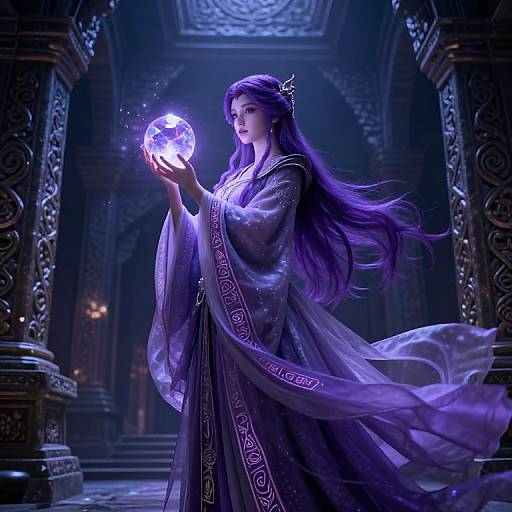 Digital fantasy artwork of a purple-haired woman in a flowing, ornate robe, holding a glowing, mystical orb in a dimly lit, ornate