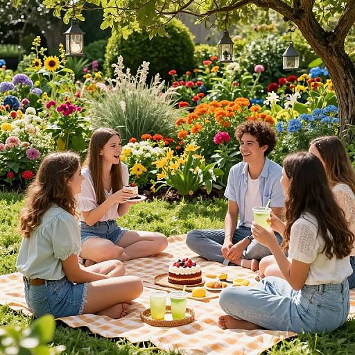 Photograph of four young adults, two women and two men, sitting on a picnic blanket in a vibrant, colorful garden, enjoying drinks and cake.