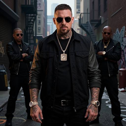 Photograph of a tattooed, bearded man in black sunglasses, leather jacket, and gold chains, standing confidently in a gritty urban alley with two