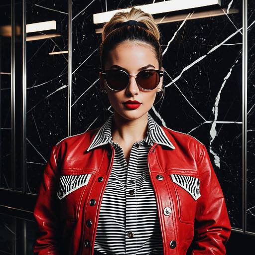 Woman in Red Leather Jacket and Sunglasses