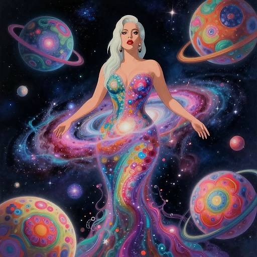 Digital painting of a white-haired woman in a vibrant, galaxy-themed dress, surrounded by colorful, swirling planets and cosmic patterns in space.