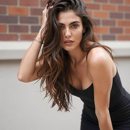 Woman with Long Wavy Hair in Black Dress