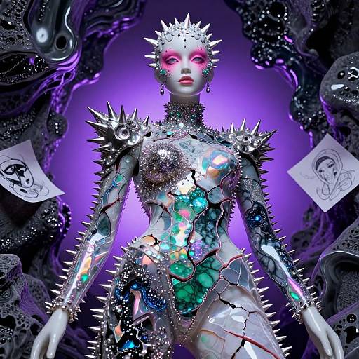Cyberpunk-style digital artwork of a glowing, armored female robot with spiked shoulders, neon accents, and a radiant purple background.
