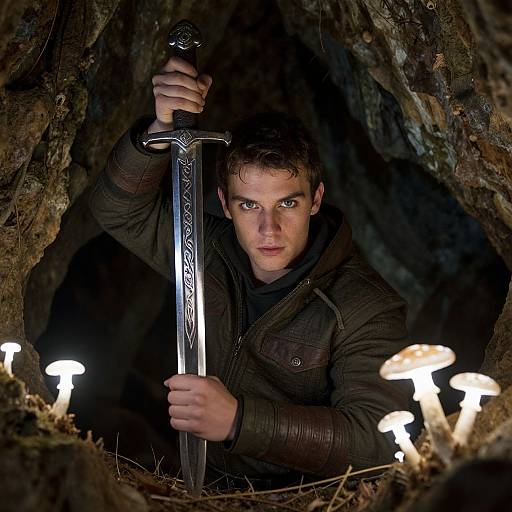 Lone Warrior in Bioluminescent Cave