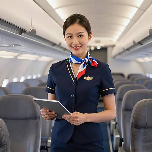 Asian Flight Attendant in Airplane Cabin