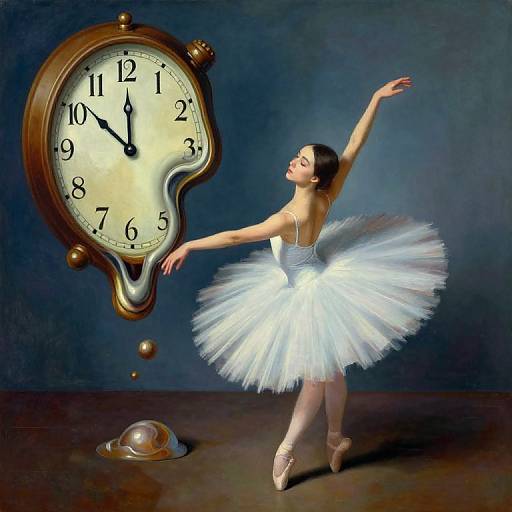 Photograph of a ballet dancer in a white tutu, poised gracefully with arms raised, interacting with a floating, oversized clock.