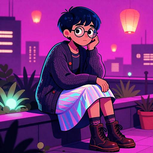 Midnight Scholar on Neon Rooftop