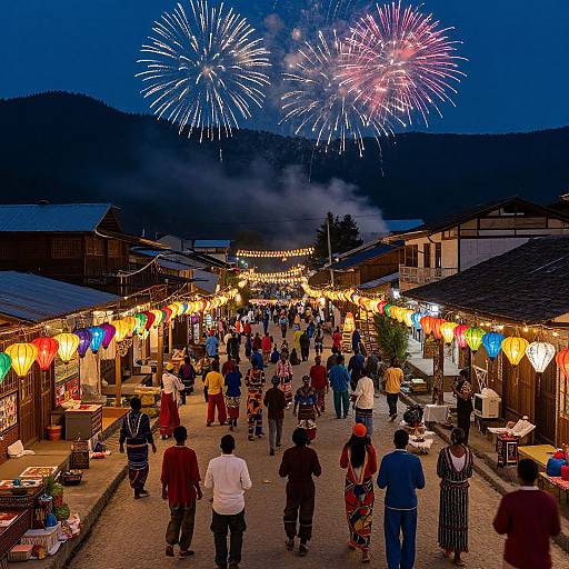 Vibrant night market with colorful lanterns, fireworks, and people walking under a dark blue sky, surrounded by wooden buildings and mountains.