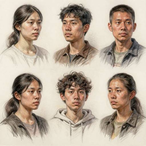 Digital portrait collage of six East Asian individuals, three women and three men, with varied hairstyles and casual clothing, against a white background. Realistic,