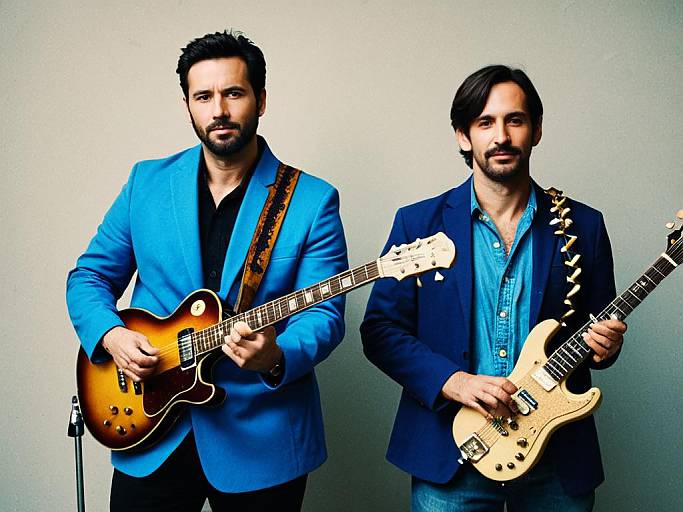 Photograph of two bearded men with dark hair, wearing blue blazers and black shirts, holding electric guitars with sunburst and white finishes, standing