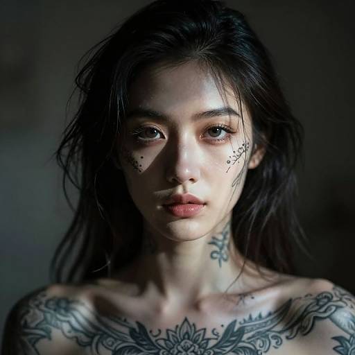 Photograph of a young woman with long, dark hair, light skin, and intricate black tattoos on her face, neck, and chest, illuminated by