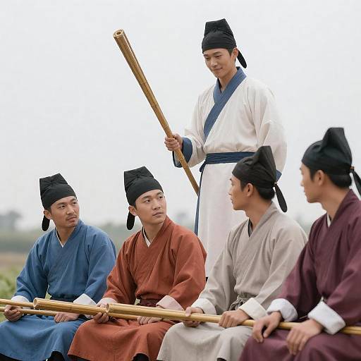 Men in Traditional Asian Attire with Bamboo Sticks