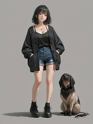 Digital anime-style drawing of a young woman with black hair, wearing a black cardigan, black tank top, denim shorts, and black boots, standing