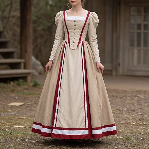 Photograph of a young woman in a vintage-style, cream and maroon long-sleeved dress with puffed sleeves, standing outdoors in front of